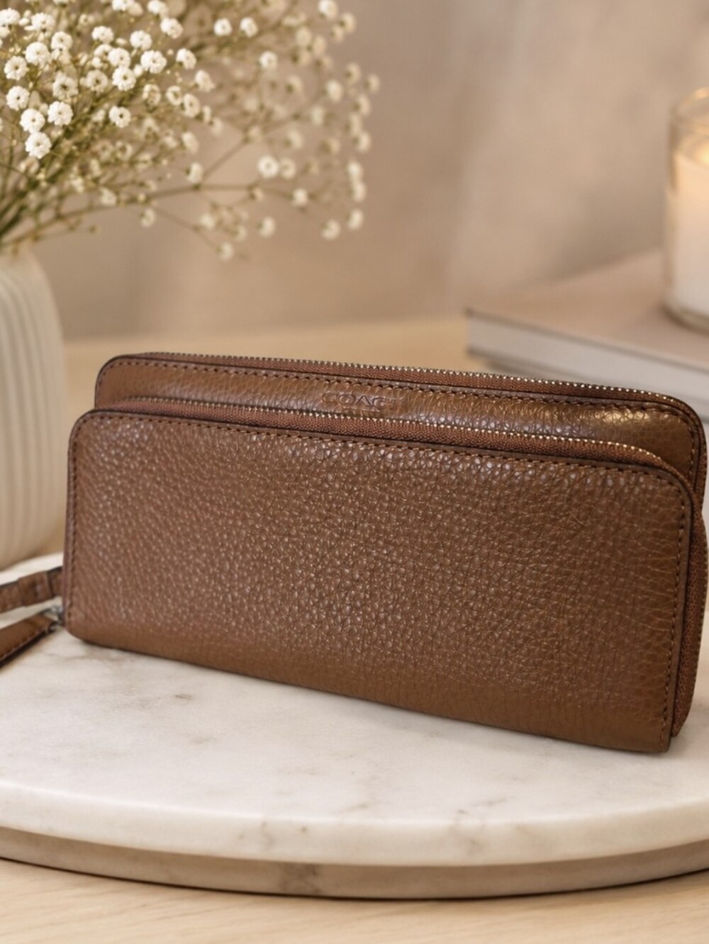 Coach Park Leather Double Accordion Zip Wallet Wristlet Camel Tan F51725 NEW